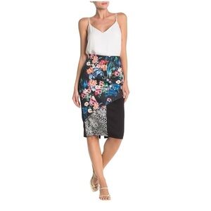 NEW Nicole Miller New York Floral Colorblock Pencil Skirt Black